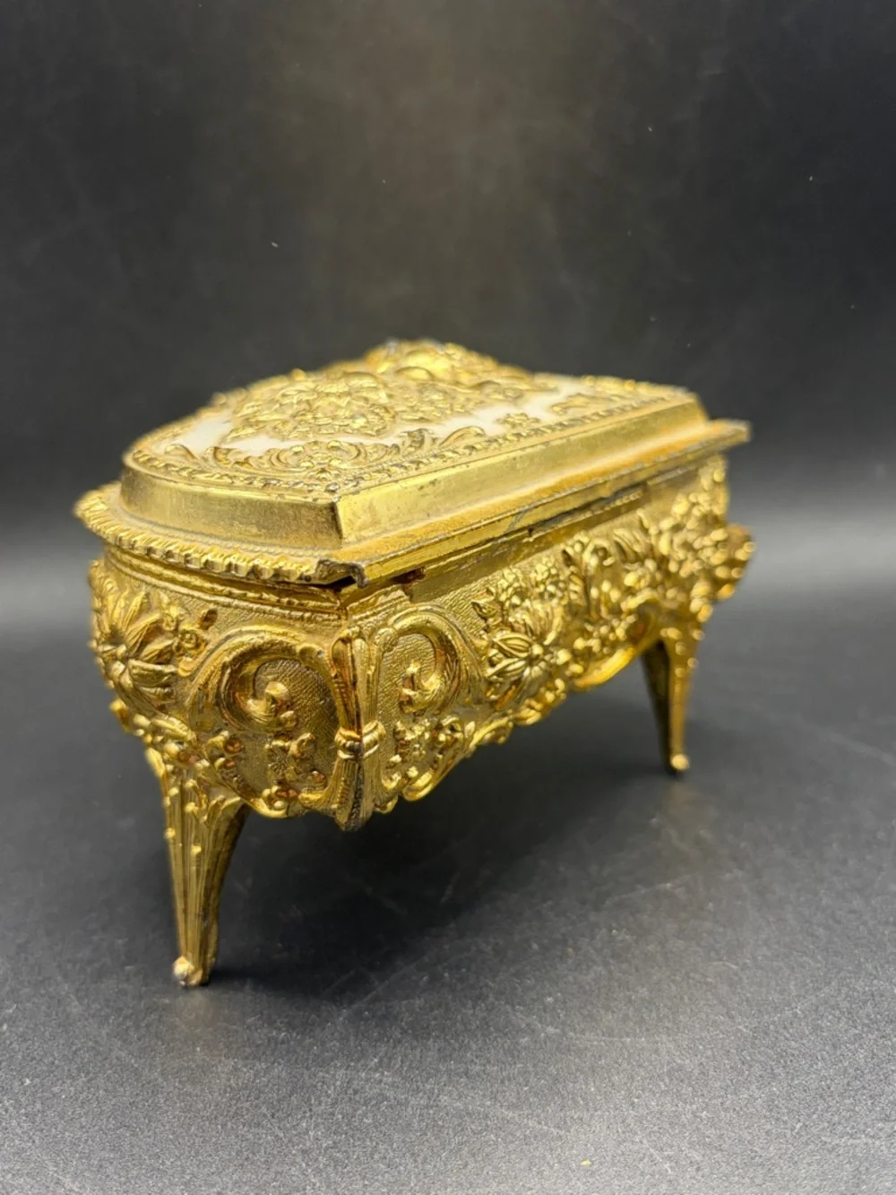 Vintage Grand Piano Gold Tone Rose Floral Hinged Jewelry Box Trinket Box, Japan